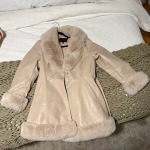 Fur lined leather tie coat